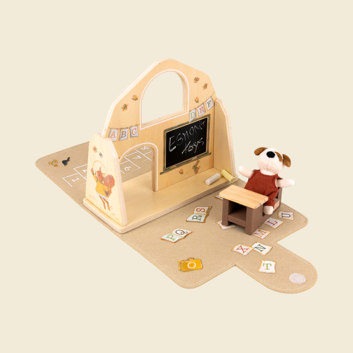 School felt house with miniature friend