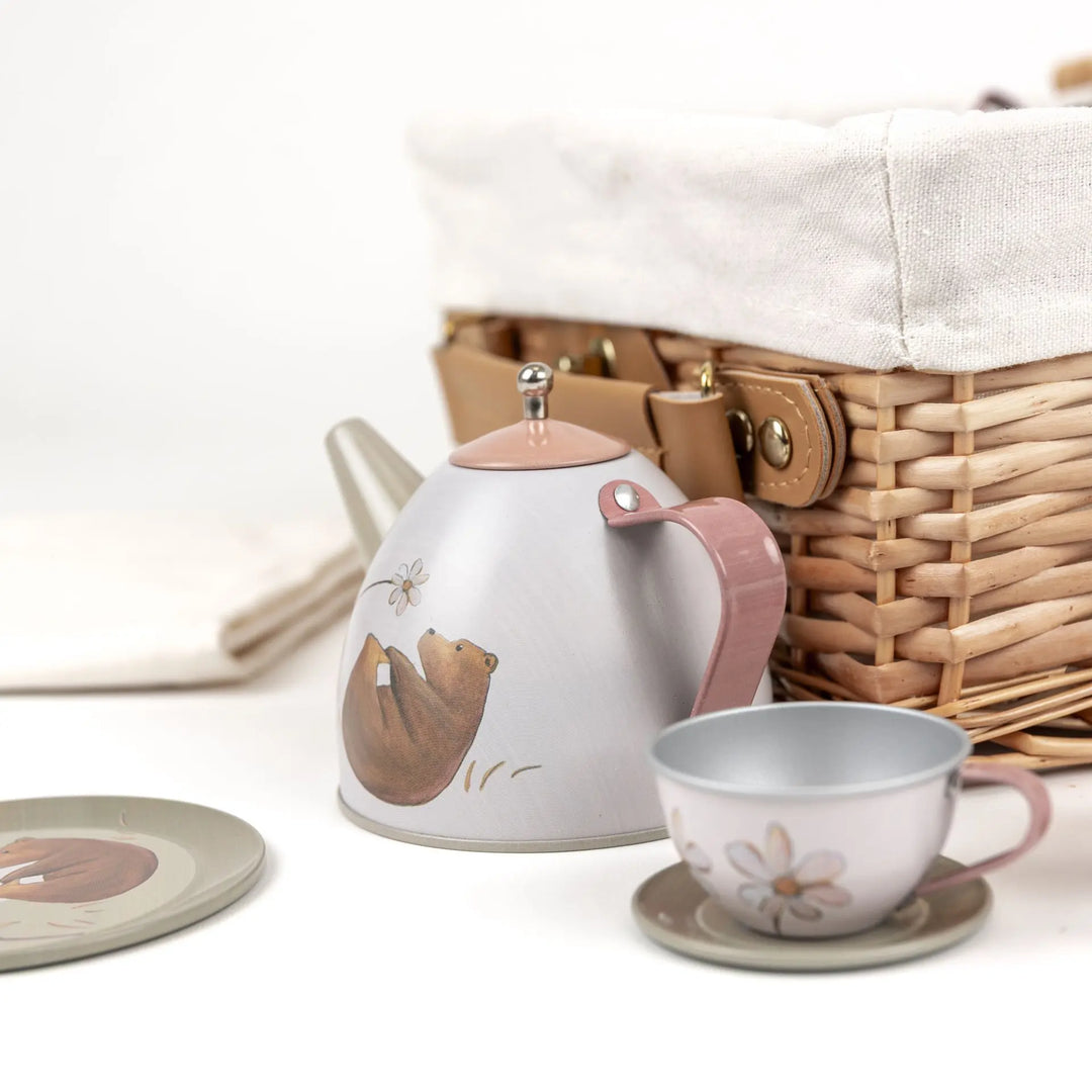 TIN TEA SET FOREST IN A WICKER BASKET