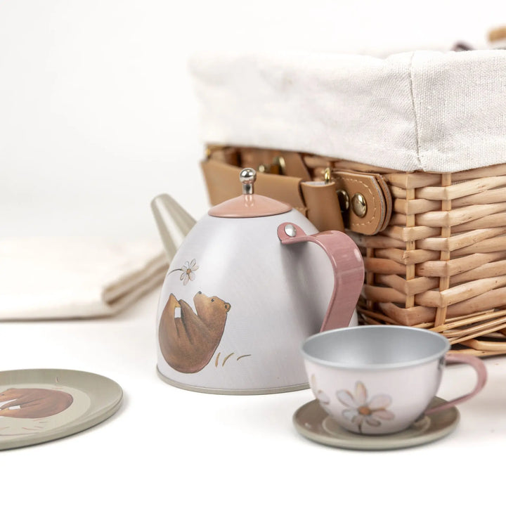 TIN TEA SET FOREST IN A WICKER BASKET