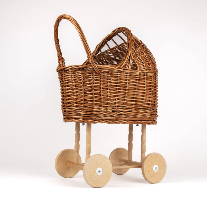 WICKER PRAM WITH KNITTED