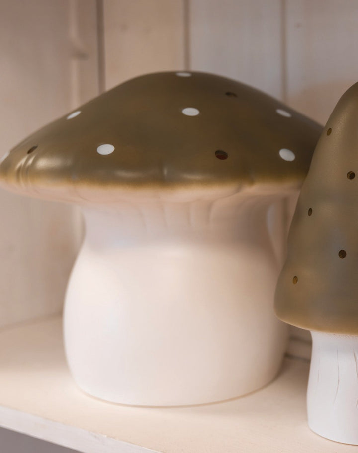 Large Mushroom Night Lamp, Bronze Brown, on a white shelf
