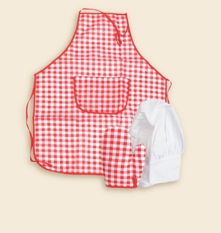 Red gingham chef set (apron, hat, mitt)
