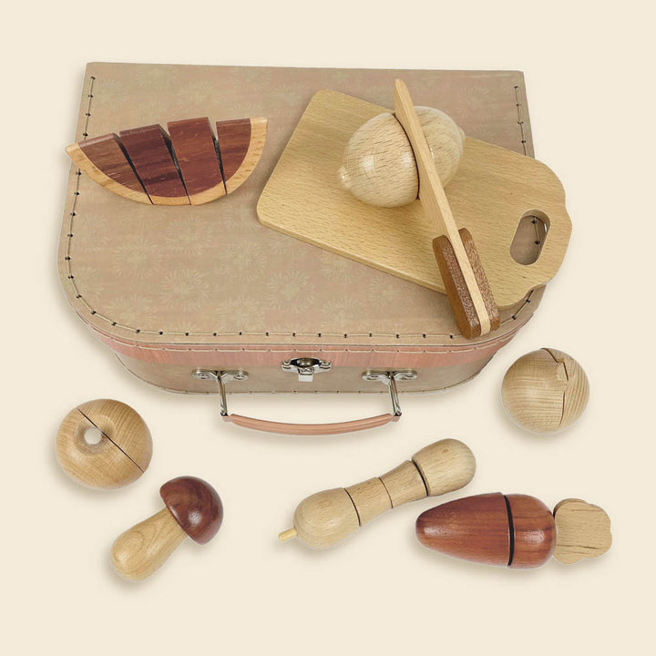 Wooden vegetables in a case