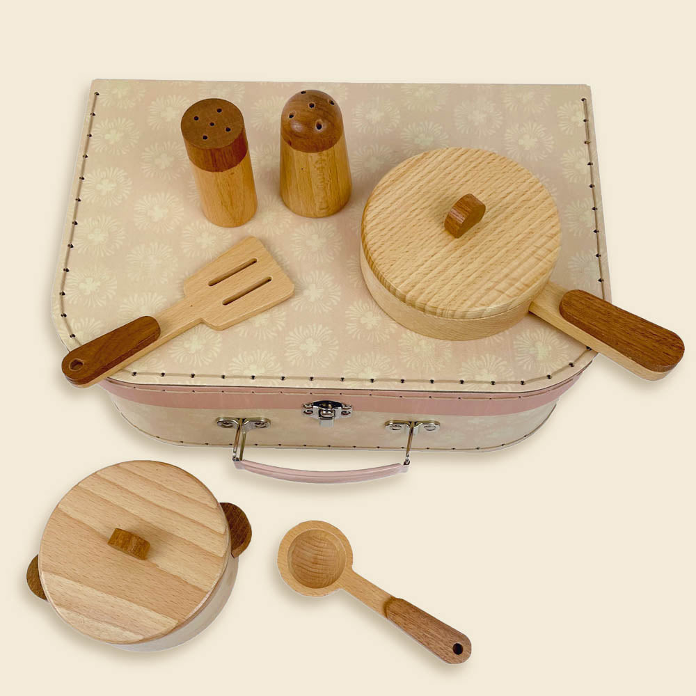 Wooden cooking set in a case