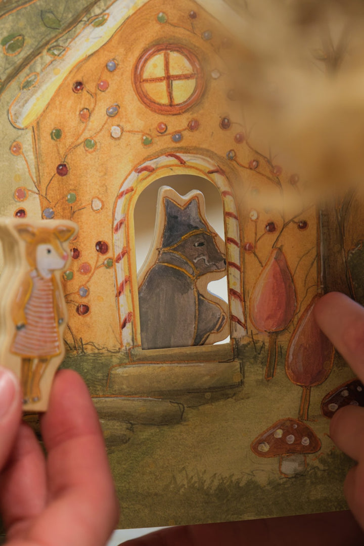 Fairy tales game with wooden figurines