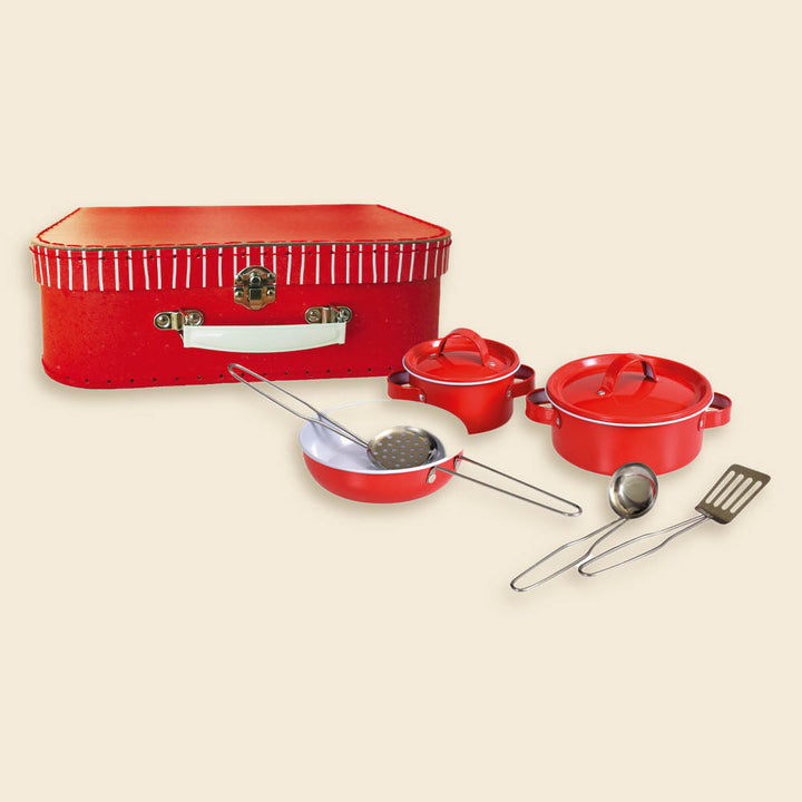 Red metal pan set in a case