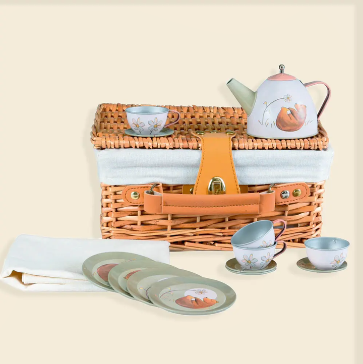 Forest tin tea set in a wicker basket