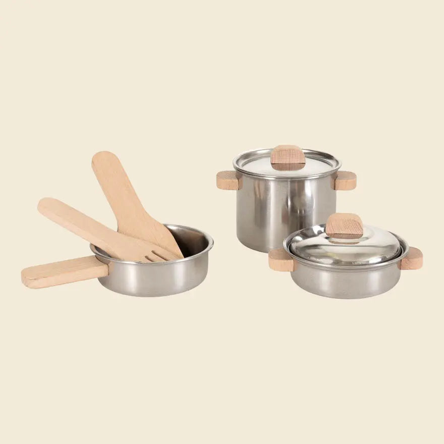 Stainless steel pan set with wooden handles