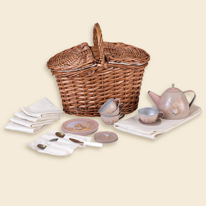 Mouse tin tea set in a basket