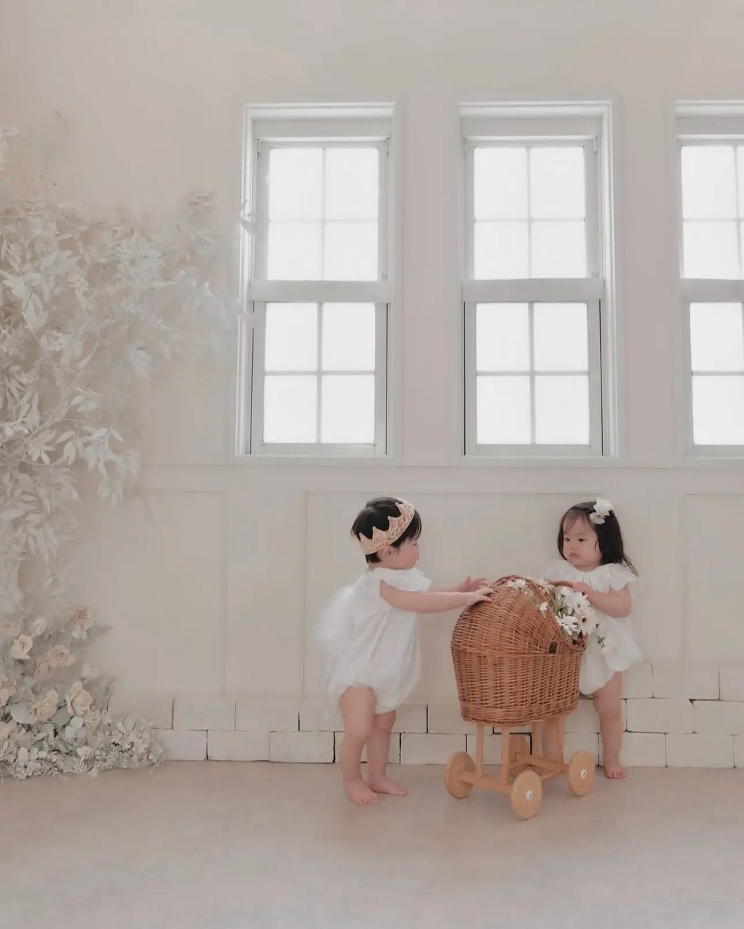 WICKER PRAM WITH KNITTED