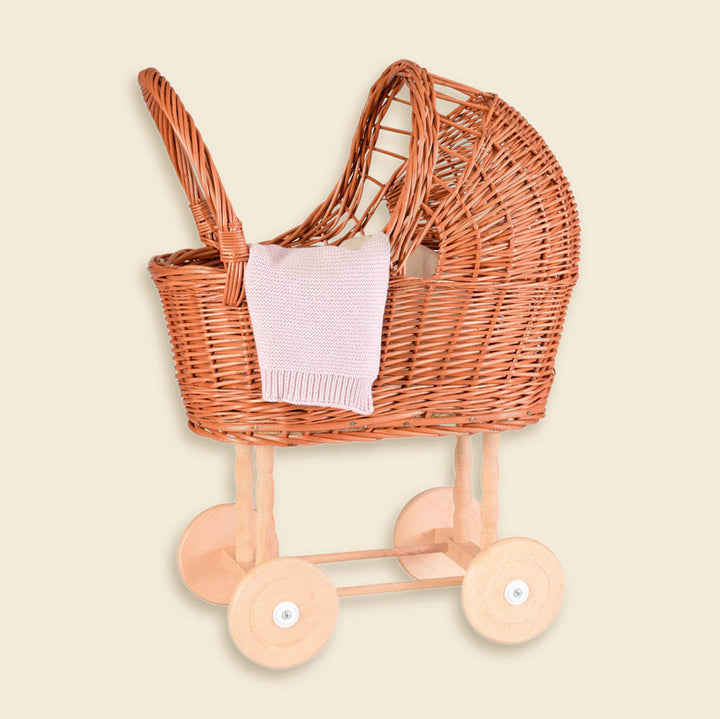 WICKER PRAM WITH KNITTED