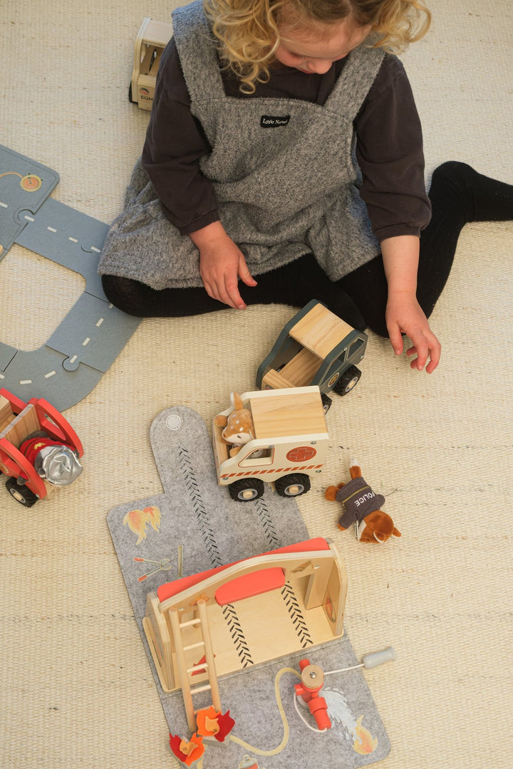 Fire station felt house with miniature friend