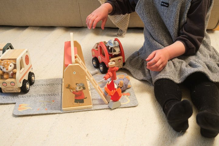 Fire station felt house with miniature friend