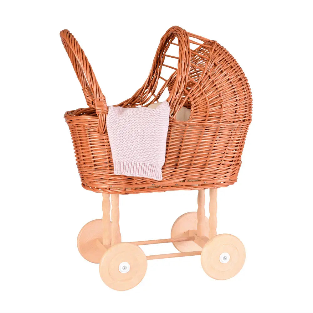 WICKER PRAM WITH KNITTED