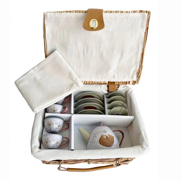 TIN TEA SET FOREST IN A WICKER BASKET