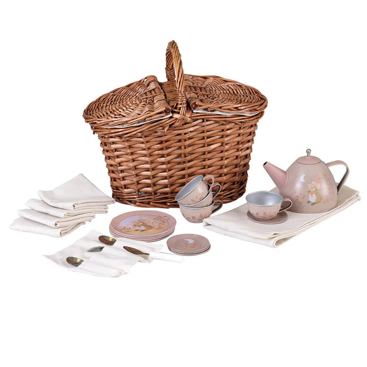 TIN TEA SET MOUSE IN A BASKET