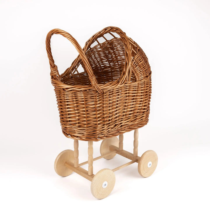 WICKER PRAM WITH KNITTED