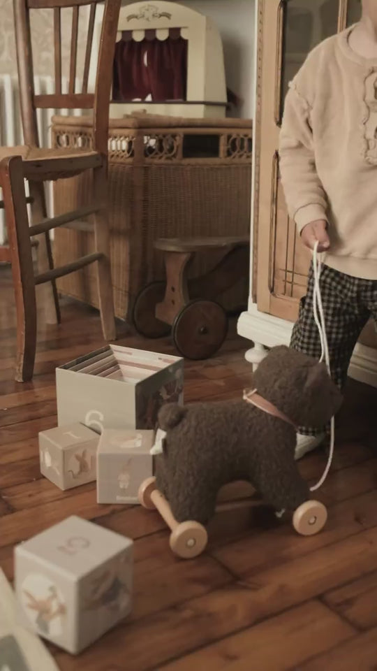 Raoul the pull-along bear following a child across a bedroom