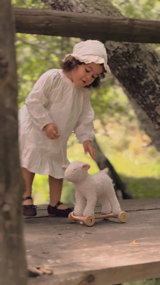 Marie the pull-along lamb following a child on her cord